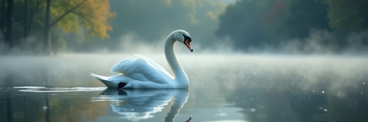 Fototapeta premium Elegant white swan glides on misty lake, reflection visible , aquatic, misty lake