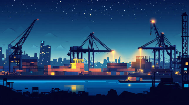 Night port with cargo container and ship vector illustration. Seaport logistic and marine transport and crane light under stars in sky. Freight shipment ocean terminal and warehouse cartoon background