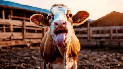Guernsey cow sticking out tongue in a cattle farm at sunset