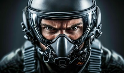 Fototapeta premium Fighter Pilot Portrait with Full Gear and Focused Expression of Resilience