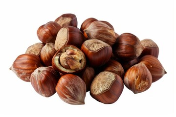 Fototapeta premium Close-up of hazelnuts on solid white background. AI image