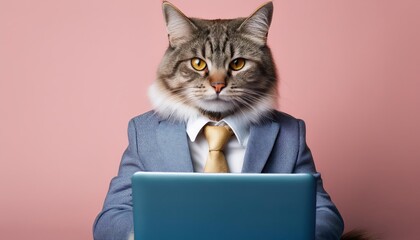 Feline Digital Artist Typing Cat Wearing Suit Tie, Exuding Professionalism in a Vibrant Pastel Environment, Embodying Creativity and Whimsy.