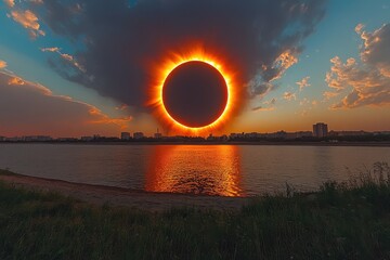 Breathtaking solar eclipse over a serene lake at dusk with vibrant colors reflecting on the water