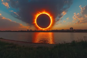 Selbstklebende Fototapeten Breathtaking solar eclipse over a serene lake at dusk with vibrant colors reflecting on the water © Tanu