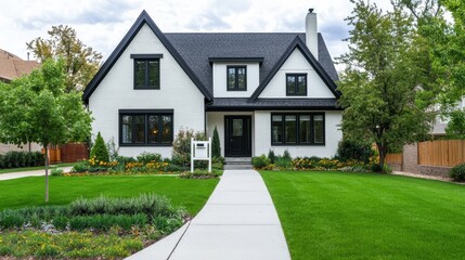 Beautiful modern home with manicured lawn and garden. Real estate concept.