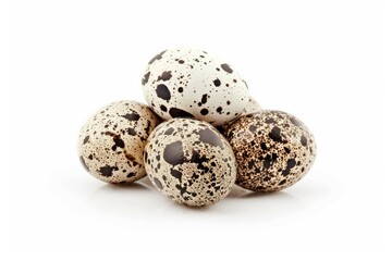 Cluster of speckled quail eggs on white background. AI image