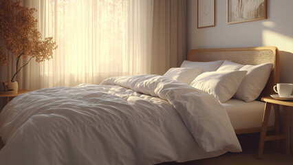 A cozy bedroom with a fluffy white duvet, a cup of coffee on a bedside table, and warm morning sunlight filtering through sheer curtain