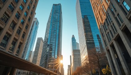 Fototapeta premium Low angle perspective of city skyscrapers on bright sunny day. Tall modern buildings, offices, condos with blue glass facade rise to clear sky with sun star, cityscape view.