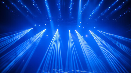 Blue laser light beam stage background for club. Led spotlight show for dance music event. Nightclub lazer rays from strobe for stadium or theater. Abstract realistic bright flash performance bg