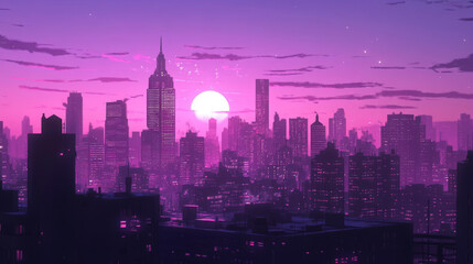 Fototapeta premium Parallax background sunset city skyline architecture near waterfront, modern megapolis with buildings skyscrapers under purple sky 2d separated layers for game animation, Cartoon vector illustration