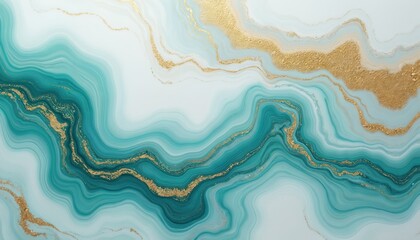 Obraz premium Marble abstract background. Fluid acrylic texture. White, turquoise, green, blue colors with gold veins. Modern marbling design for banner, wallpaper, surface, pattern, card, or any creative project.