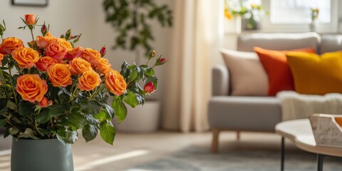 A beautiful arrangement of orange roses brightens a cozy living room. Soft textiles and natural light create a warm atmosphere. Perfect for interior design and floral inspiration. AI