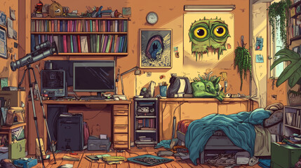 Night bedroom interior with computer, telescope, bookshelf, plant and monster eyes in cupboard. Home cabinet, student, teenager or freelancer workplace, house room with bed Cartoon vector illustration