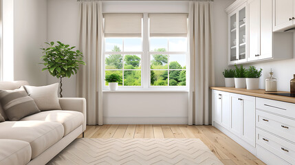 Bright Living Room with Kitchen and Garden View