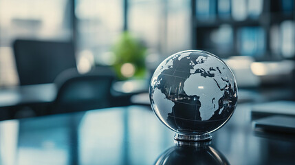 Small aluminum globe resting workstation reflective surface modern minimalistic design travel concept world map sleek metallic finish elegant desk decor office toy planet ball visual tech orbit sphere