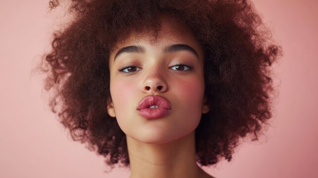 Young woman with afro hairstyle pouting lips