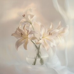 A delicate bouquet of white lilies arranged in a clear vase. The soft focus and pastel colors create a serene atmosphere. Perfect for home decor or floral design inspiration. AI