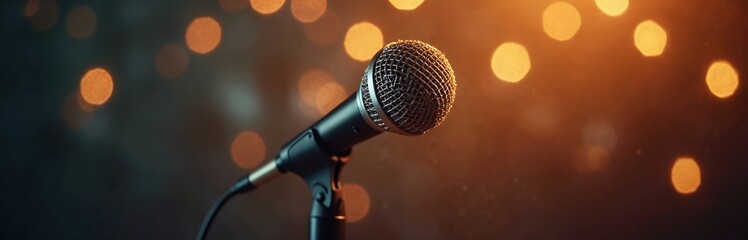 Obraz premium Banner of microphone against glittering blurry background. Musical equipment for performance, vintage style. Party, tech, band glowing classic design. Entertainment pro studio. Bokeh record ai