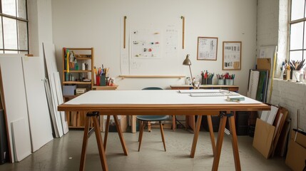 Fototapeta premium Bright and spacious artist's studio with a large table, art supplies, and natural light. A creative workspace for designers and artists.