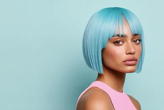 Fashion model posing with trendy blue wig and pink top