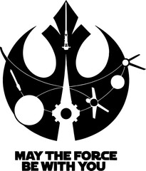 A minimalist black-and-white poster merging Star Wars symbols with May the Force Be With You.