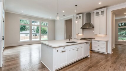 Fototapeta premium Bright, modern kitchen with white cabinets, island, and hardwood floors. Interior design of a home.