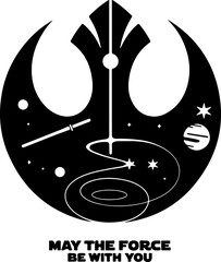 A minimalist black-and-white poster merging Star Wars symbols with May the Force Be With You.