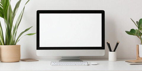 Fototapeta premium bright home office setup featuring desktop computer, plants, and stationery. clean design promotes productivity and calming atmosphere for work or study