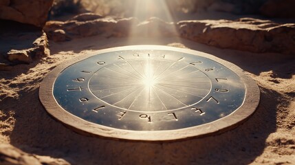 Mystical stone tablet featuring Pythagorean numbers partially buried in sands of time with a golden glow symbolizing ancient wisdom and lost knowledge
