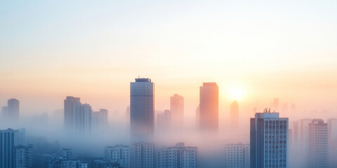 Fototapeta premium city skyline shrouded in dense smog at sunrise, creating serene yet eerie atmosphere. buildings emerge softly from fog, highlighting urban life