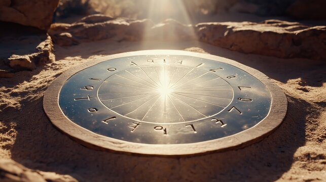 Mystical stone tablet featuring Pythagorean numbers partially buried in sands of time with a golden glow symbolizing ancient wisdom and lost knowledge