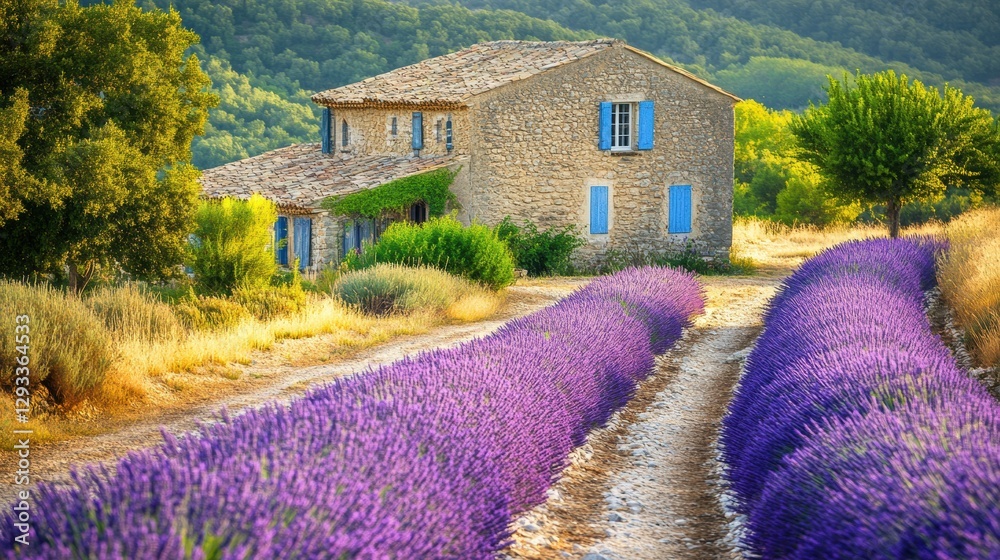 Poster lavender fields line the path to a rustic stone house in the countryside during golden hour lighting