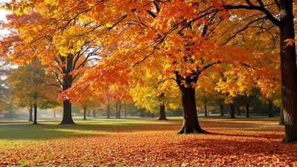 Vibrant autumn landscape showcasing orange and yellow foliage in a serene park setting