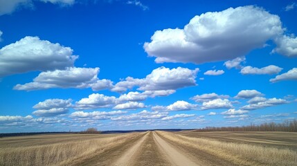 Fototapeta premium A beautiful, bright blue sky with fluffy white clouds. A calm, sunny day with a clear horizon, perfect for spring. 
