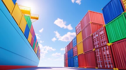 Fototapeta premium A vibrant scene of stacked shipping containers beside a cargo ship, under a bright sky, highlighting global trade and logistics.cargo management warehouse scheduling