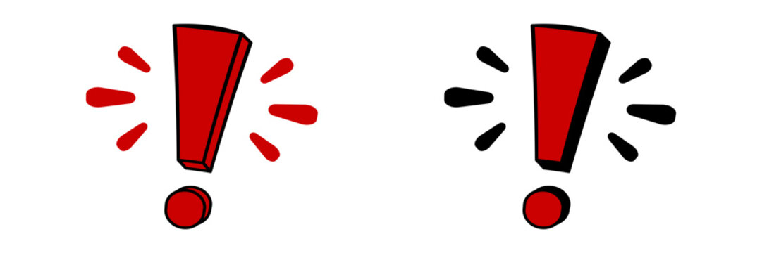Two bold red exclamation marks, each accented with unique stylized lines, symbolizing emphasis and urgency.