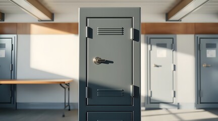 Fototapeta premium A secure metal vault stands prominently in a modern office space, illuminated by natural light, emphasizing the importance of safety and confidentiality in storage solutions. 
