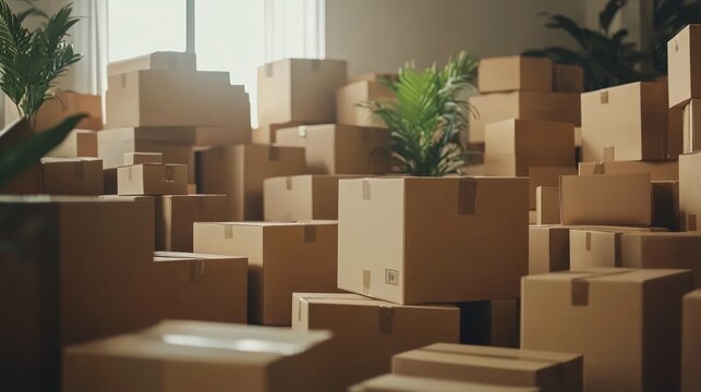 Many cardboard boxes stacked in a room with potted plants.