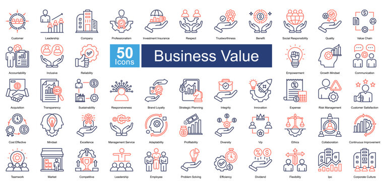 Business Value icon set in Dual Tone style, featuring 50 icons of leadership, trust, innovation, and corporate growth. Perfect for business strategy, branding, and organizational development.