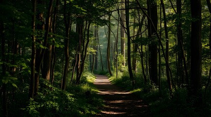 Fototapeta premium Serene forest path illuminated by sunlight, surrounded by lush greenery and tall trees, inviting exploration into a tranquil wilderness filled with natural beauty and peaceful ambiance. 