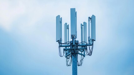 Cell tower against a blue sky. Telecommunication tower for mobile network. Concept of communication, technology, and infrastructure.