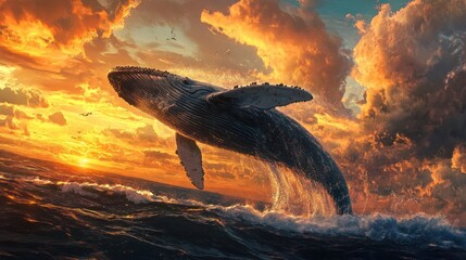 Obraz premium Whale breaching at sunset, dramatic clouds.