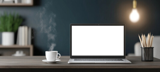 cozy nighttime workspace featuring laptop, steaming coffee cup, and stylish pen holder. warm ambiance creates perfect environment for productivity and relaxation