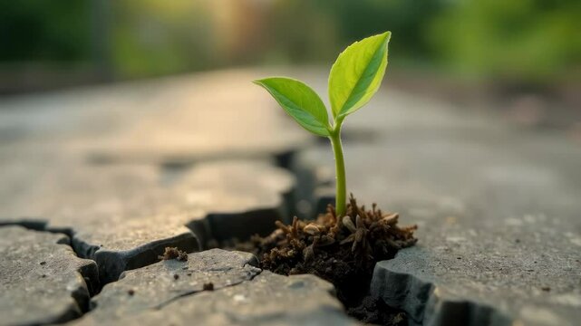 Green seedling emerging from cracked pavement under soft sunlight
