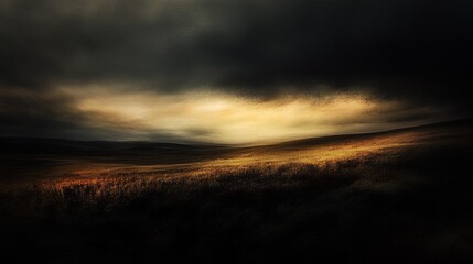 Fototapeta premium A blurry photo of a stormy sunset over farm fields. Good for design backgrounds. 
