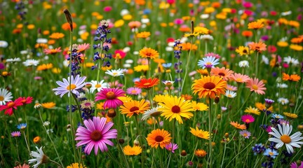 Obraz premium A stunning display of colorful wildflowers and daisies in a vibrant meadow, capturing the essence of spring and the beauty of nature in full bloom. 