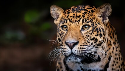 Obraz premium Striking Closeup Portrait of the Majestic Sri Lankan Leopard Panthera pardus kotiya, Displaying Vibrant Fur and Intense Eyes, Captured in a Tropical Rainforest Setting at Dawn.
