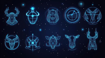 Zodiac animals, cosmic design, digital art, night sky, branding