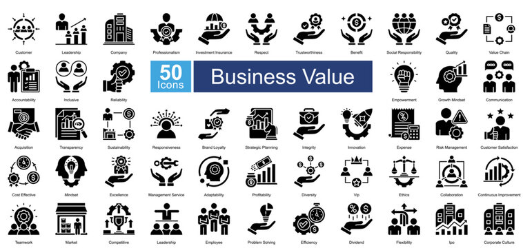 Business Value icon set in Glyph style, featuring 50 icons of leadership, trust, innovation, and corporate growth. Perfect for business strategy, branding, and organizational development.