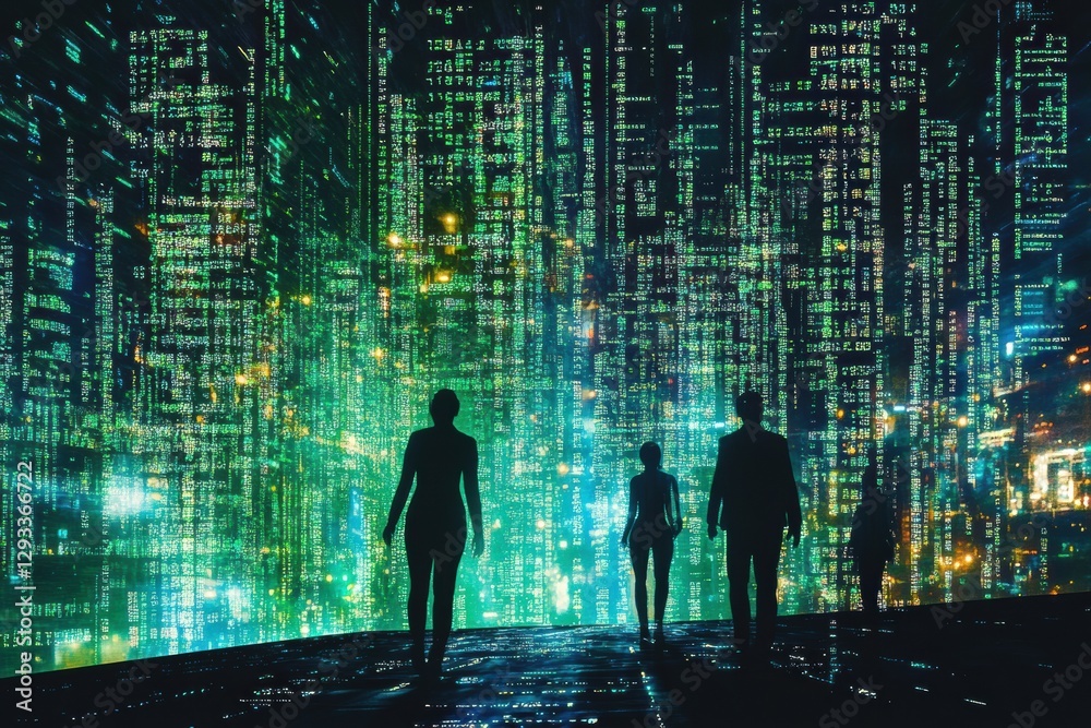 Aufkleber Exploring an abstract digital universe with human figures and floating data within a cybernetic landscape. Generative AI
